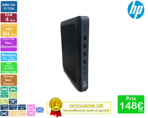 HP Thin Client T620 AMD GX-217GA 4Go SSD 64Go AMD Radeon HD 8280E Windows 10