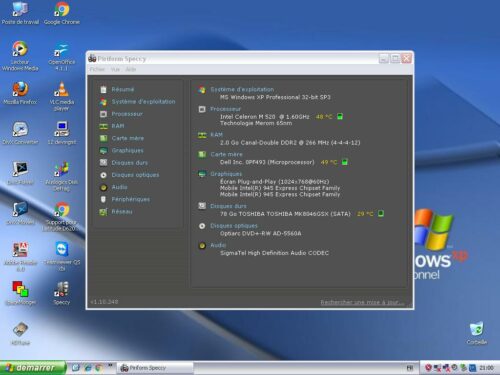 Spécification matériel du DEll D520 Windows XP avec 2Go ram et 80Go de disque