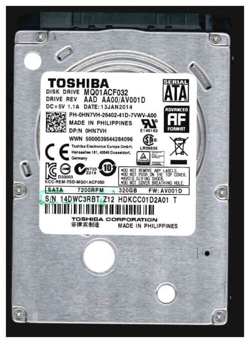 Disque dur 2,5' SATA 320GO Toshiba Réf:MQ01ACF032 pour pc portable