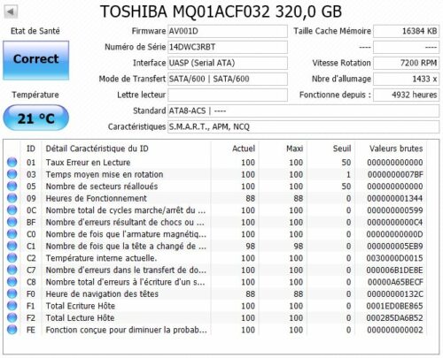 Disque dur 2,5' SATA 320GO Toshiba Réf:MQ01ACF032 pour pc portable 14DWC3RBT état de santé