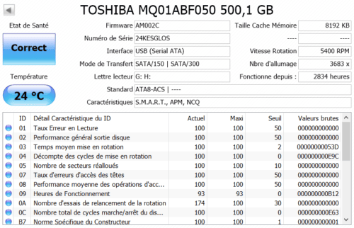 Disque dur 2,5' SATA 500GO Toshiba MQ01ABF050 24KESGLOS état de santé