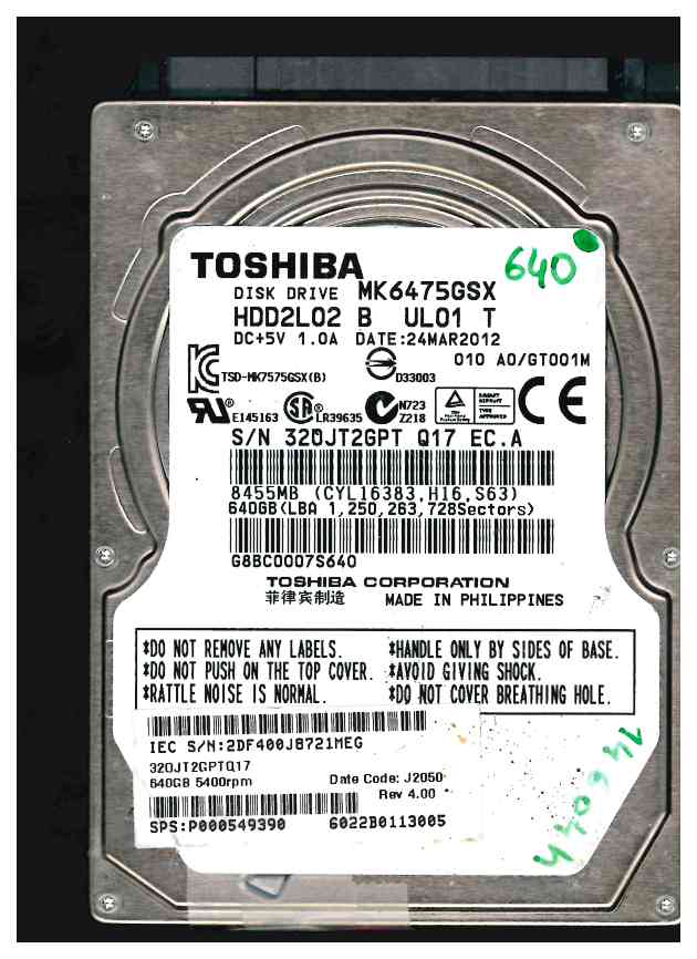 Disque dur 2,5" SATA 640 Go Toshiba MK6475GSX
