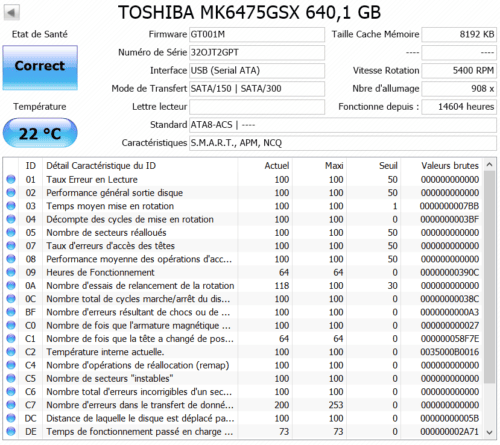 Disque dur 2,5" SATA 640 Go Toshiba MK6475GSX état